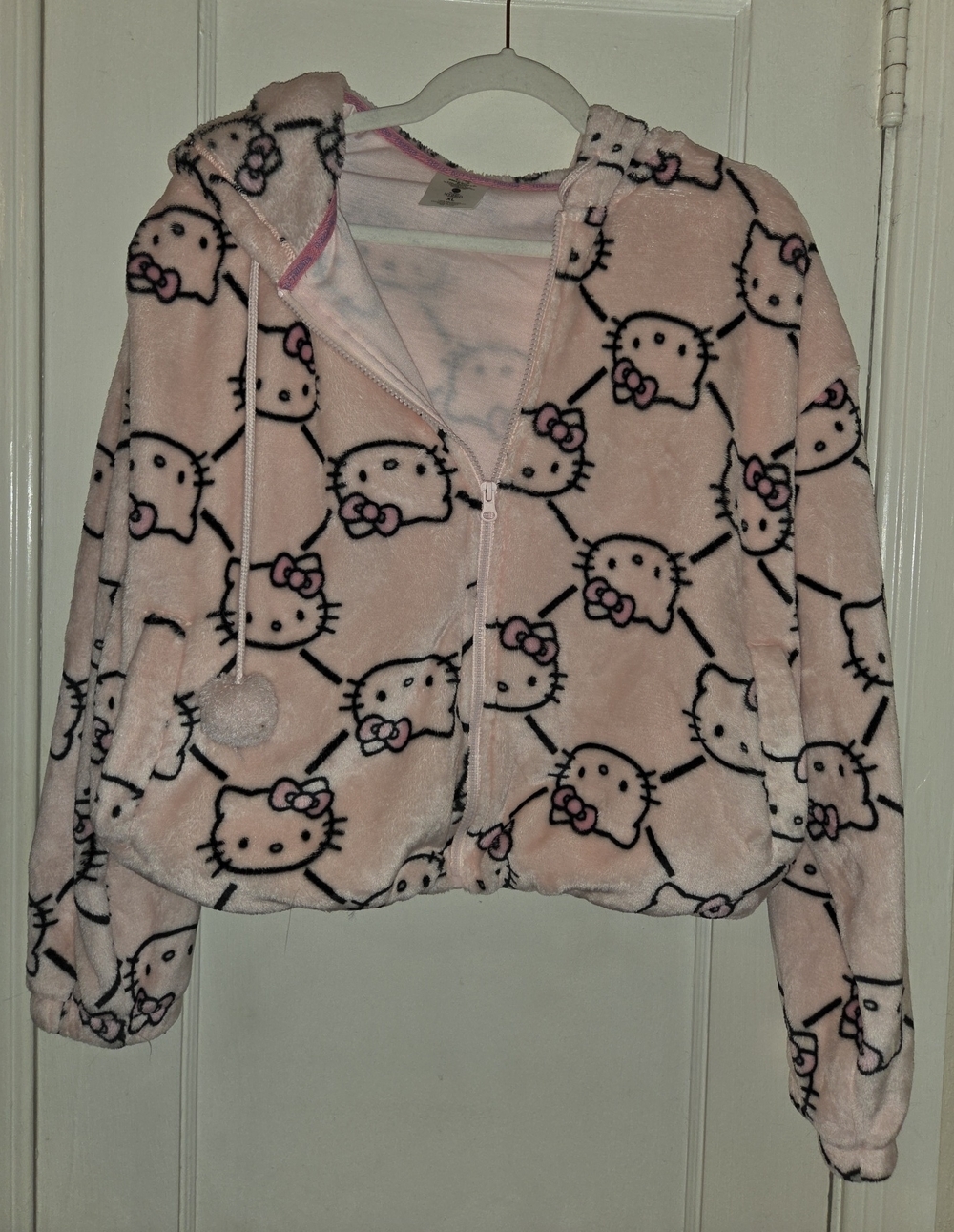 Hello Kitty Pink Plush Hooded Zip Jacket with Pom Tassels